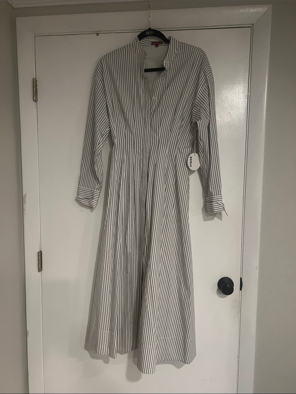 STAUD White and Black Striped Midi Shirt Dress